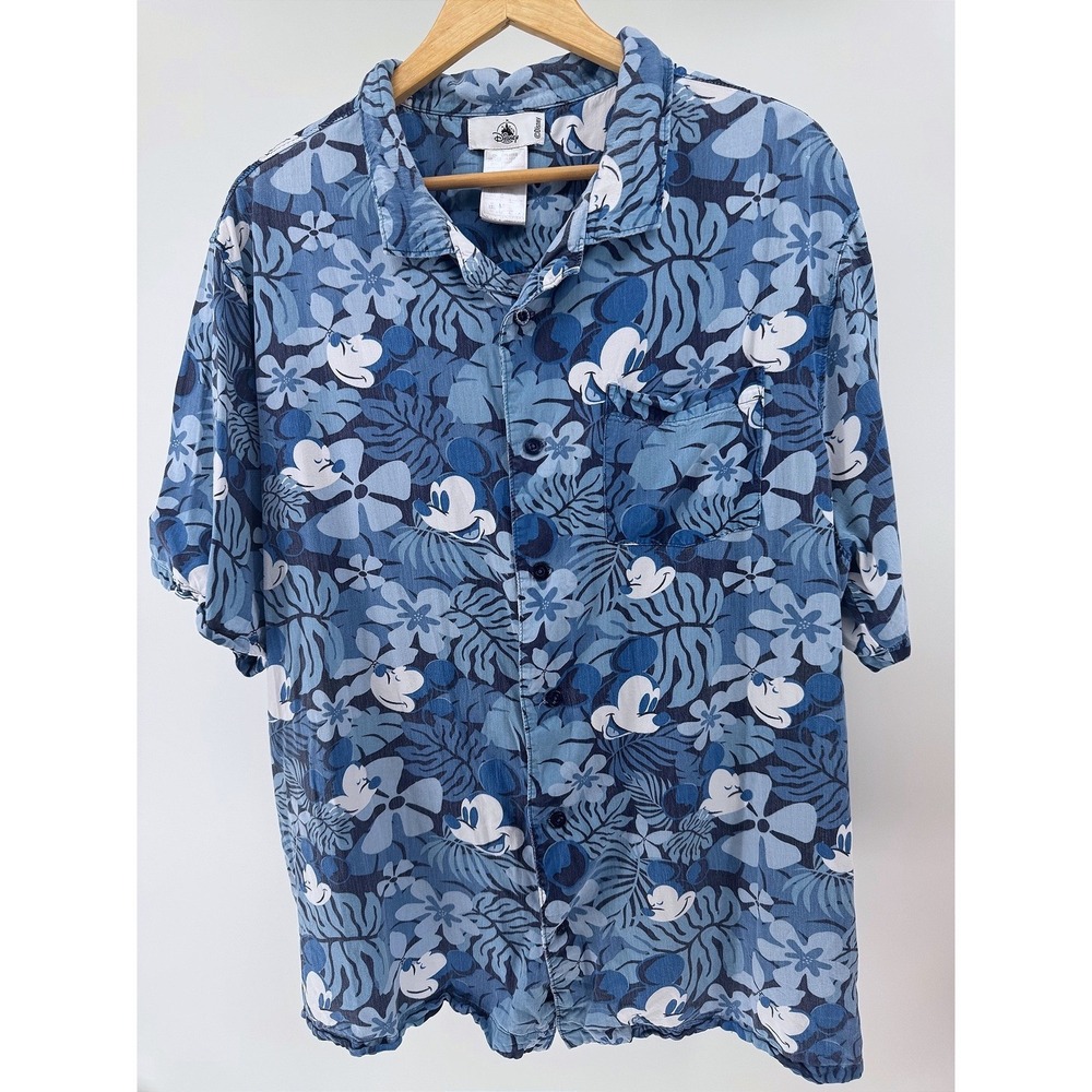 Disney Parks Mickey Mouse Hawaiian Shirt Mens XXL Blue Floral Tropical Aloha